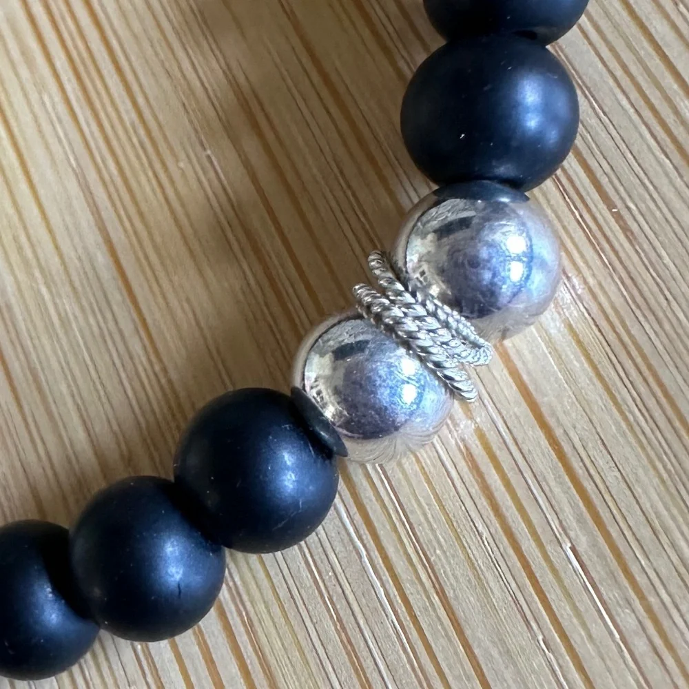 Matte 6mm Onyx Stretch Bracelet w/ Sterling Silver Spacer & Accents